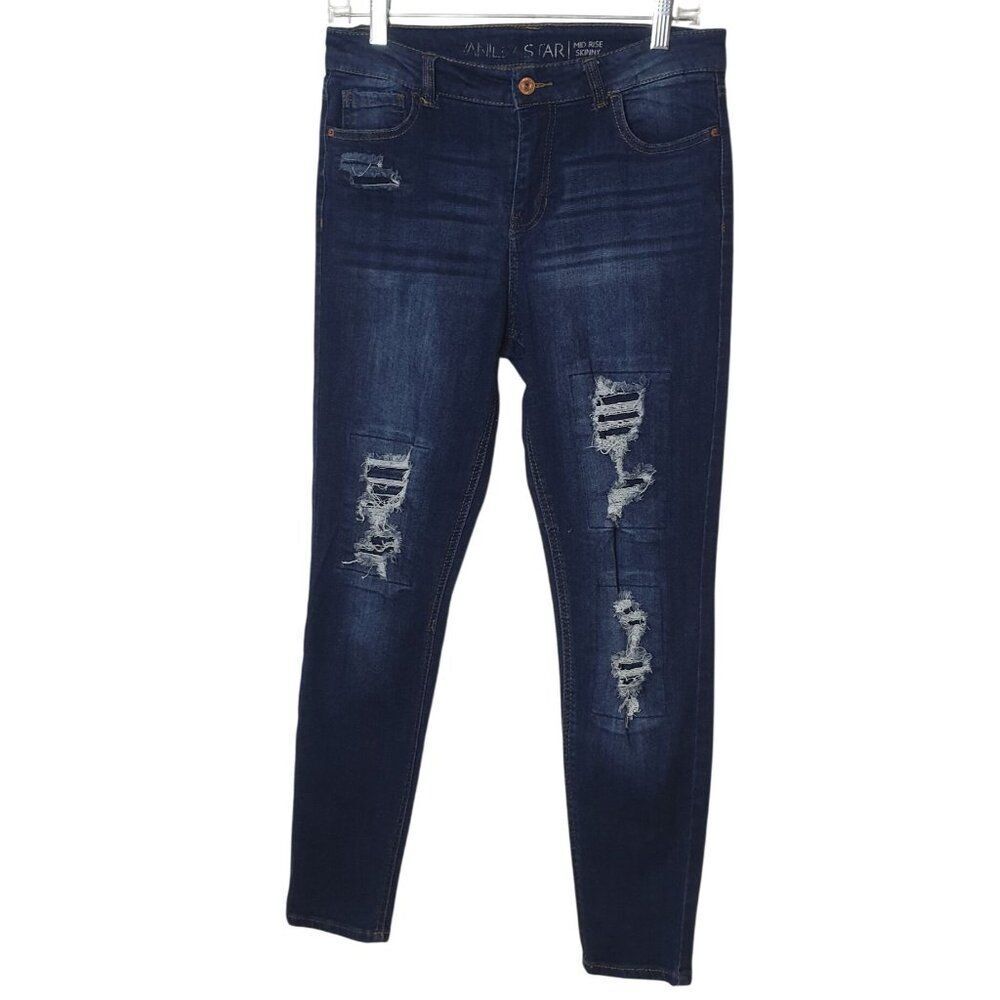 Vanilla Star Juniors Skinny Jeans 13 Mid Rise Distressed Y2K Stretchy Dark Urban
